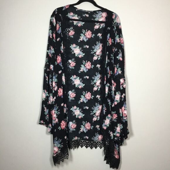 Bell sleeve roses pattern embroidery black cover up duster boho hippie floaty 2X - Picture 1 of 9
